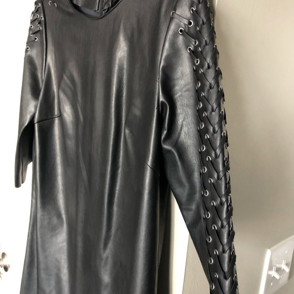 Zara Basic Collection Vegan Faux Leather Mini Dress Lace Up Sleeve Blogger Fav - Picture 5 of 9